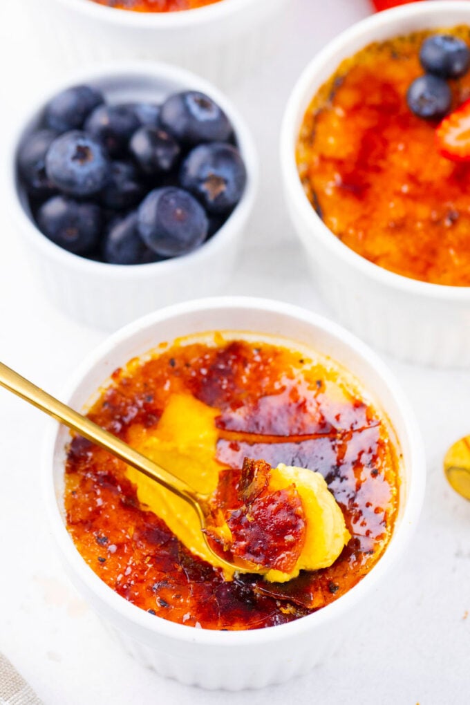 A spoonful of creamy creme brulee.