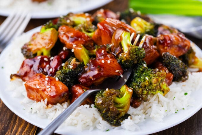 Chicken and broccoli over rice.