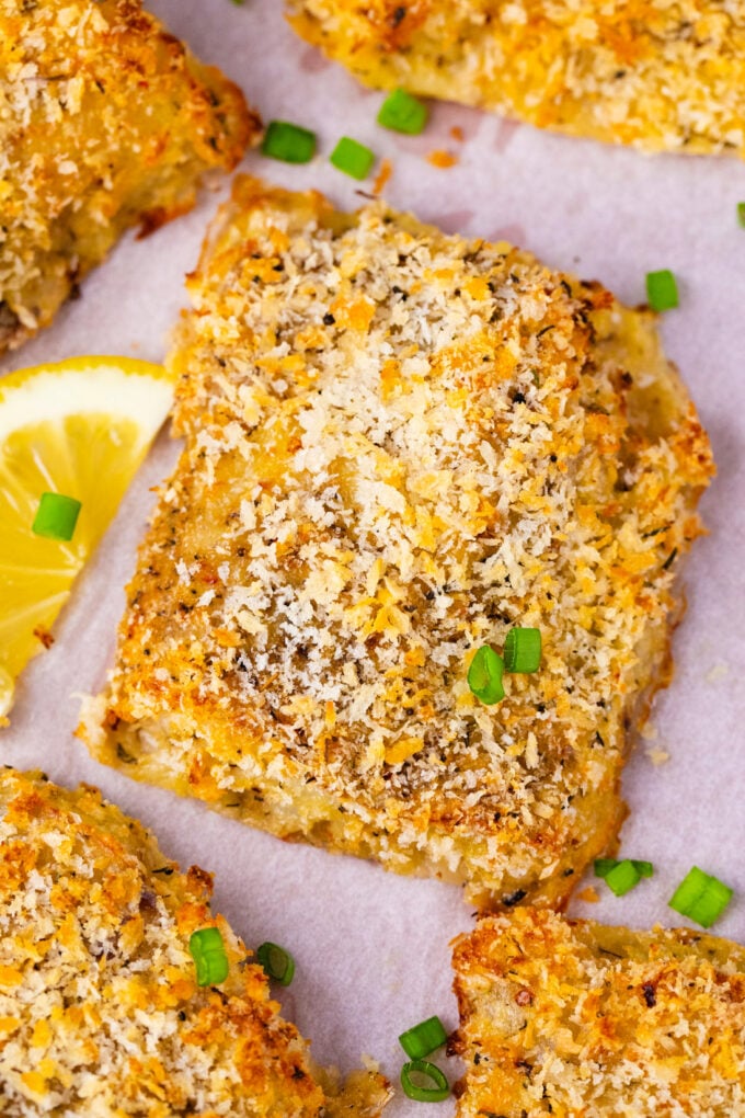 Close shot of homemade crispy oven baked tilapia.