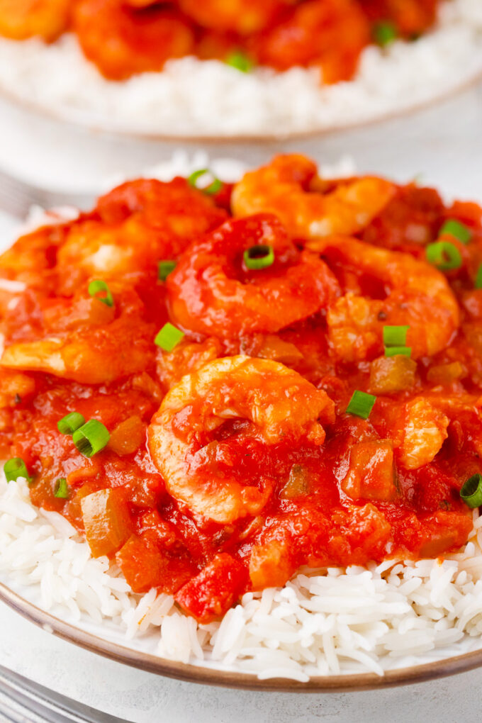 Shrimp creole over rice.