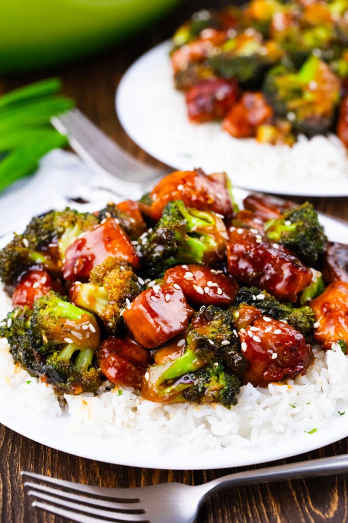 Homemade chicken and broccoli with teriyaki sauce over rice.