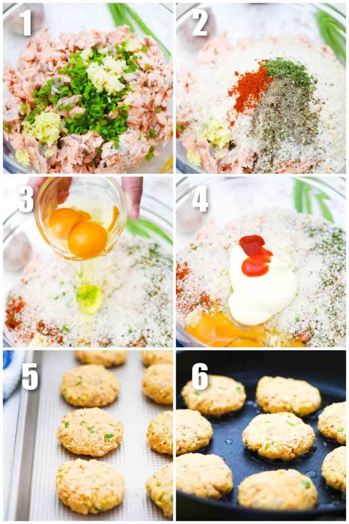 collage of six photos showing how to make salmon patties