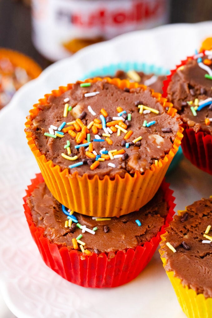 No Bake Nutella fudge in cupcake liners, topped with sprinkles.