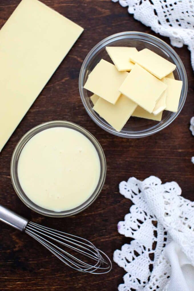 pink white chocolate fudge ingredients in bowls on a table