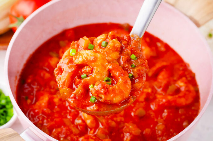 A ladle of Southern shrimp creole.