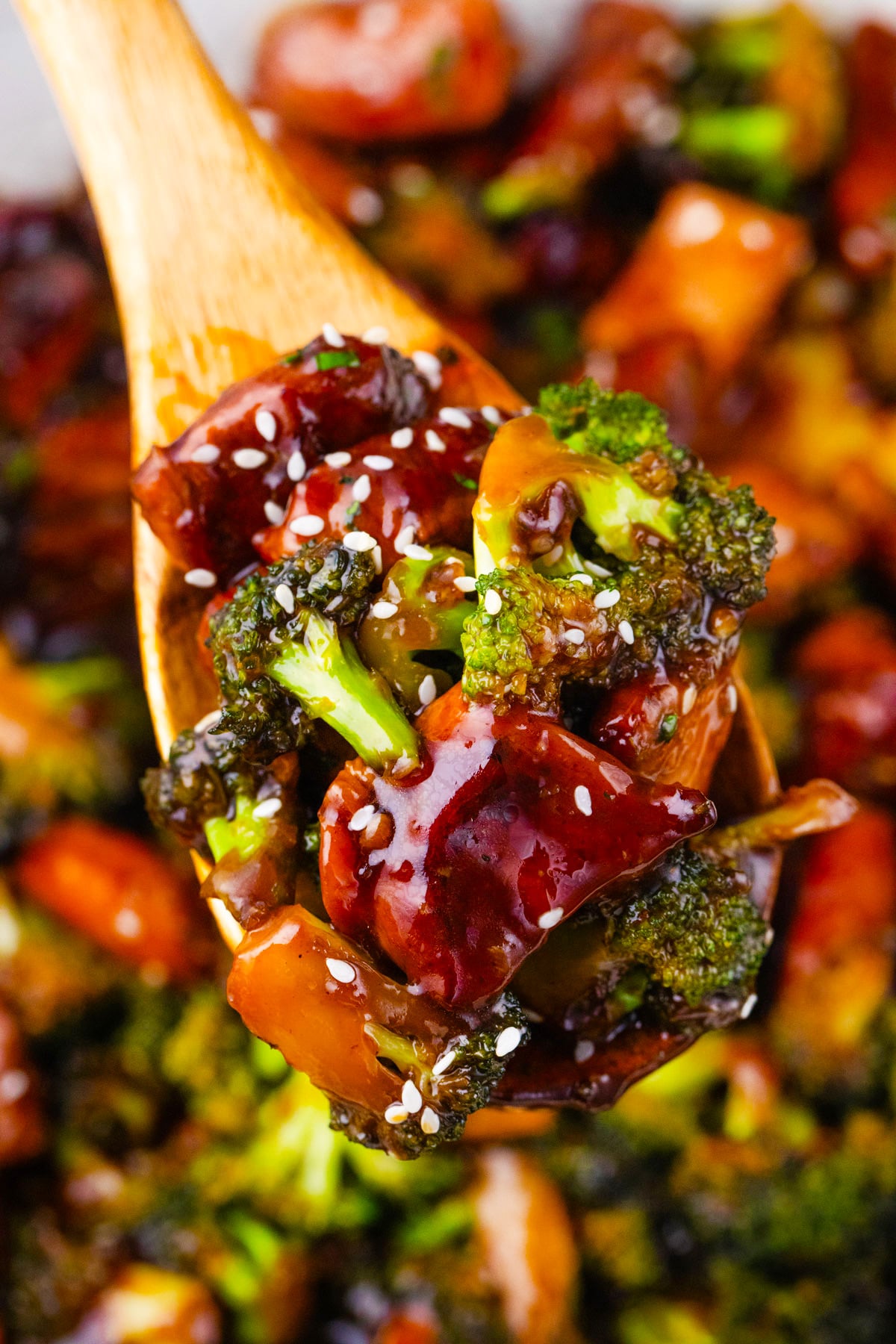 A spoonful of chicken and broccoli in teriyaki sauce.