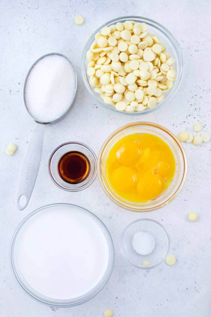 white chocolate creme brulee ingredients in bowls on a table