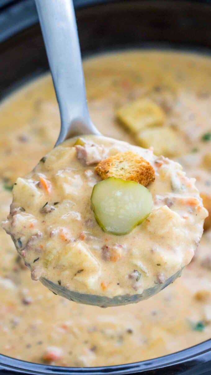 Crockpot Cheeseburger Soup - Sweet and Savory Meals