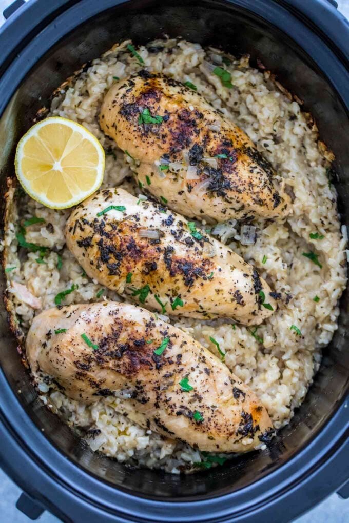 creamy lemon chicken and rice cooked in the slow cooker
