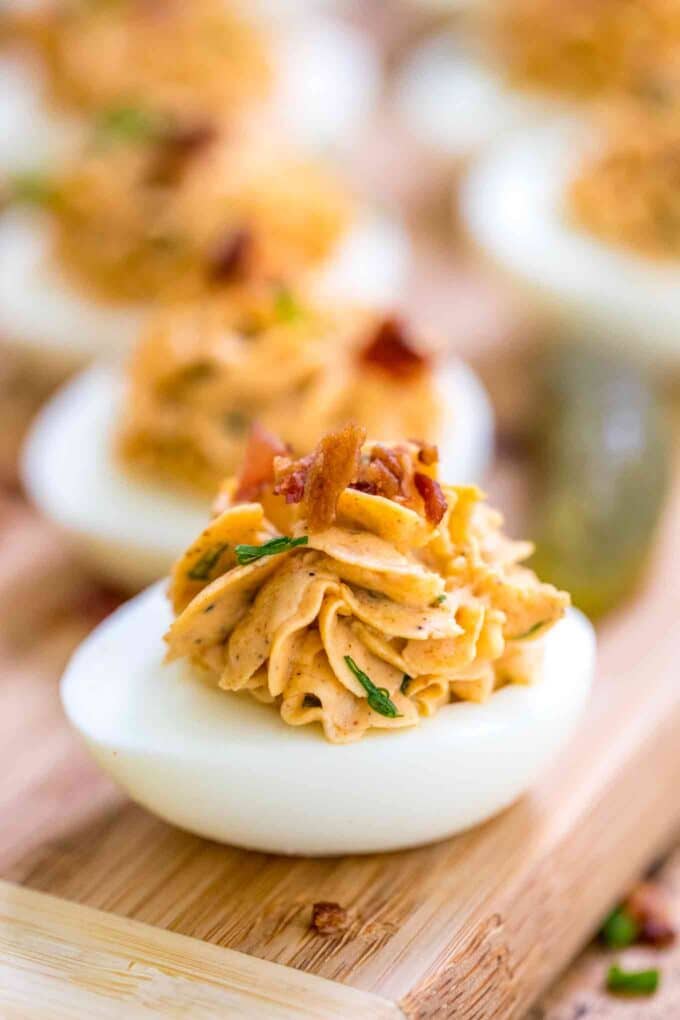 Homemade Deviled Eggs with green onions and bacon