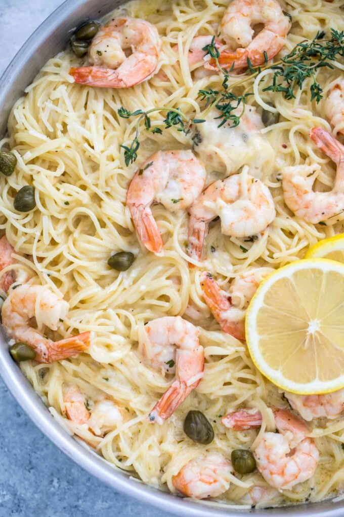 Image of shrimp pasta in a creamy garlic parmesan sauce. 