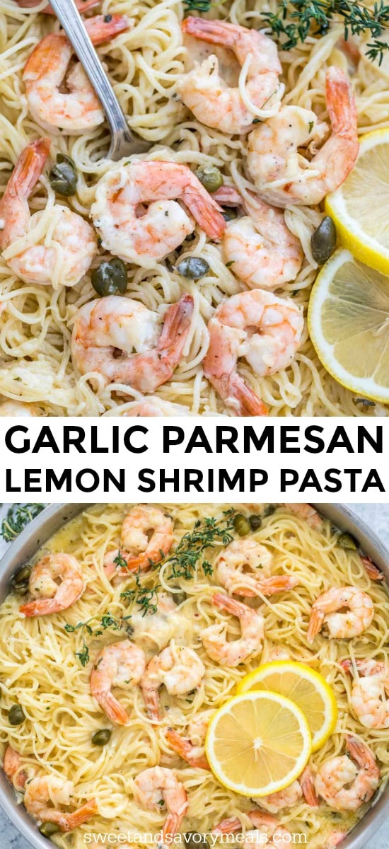 Photo of garlic parmesan shrimp pasta in a creamy sauce.