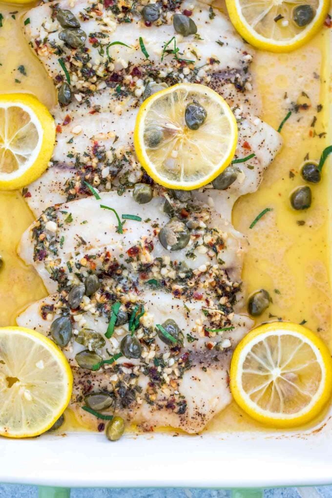 Image of oven baked tilapia with capers and lemon.