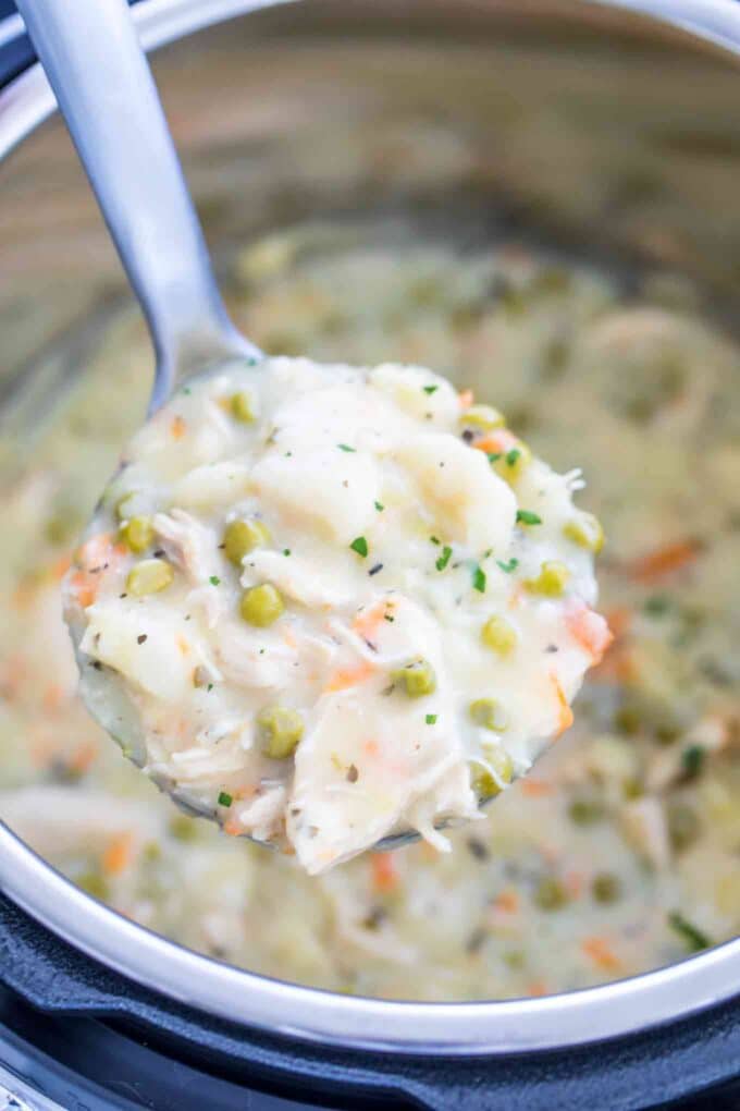 a ladle of instant pot chicken and dumplings