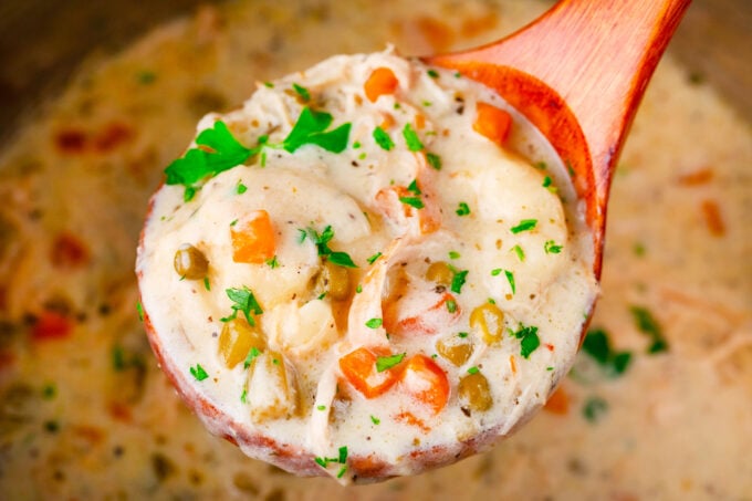 A ladle of creamy Instant Pot chicken and dumplings.