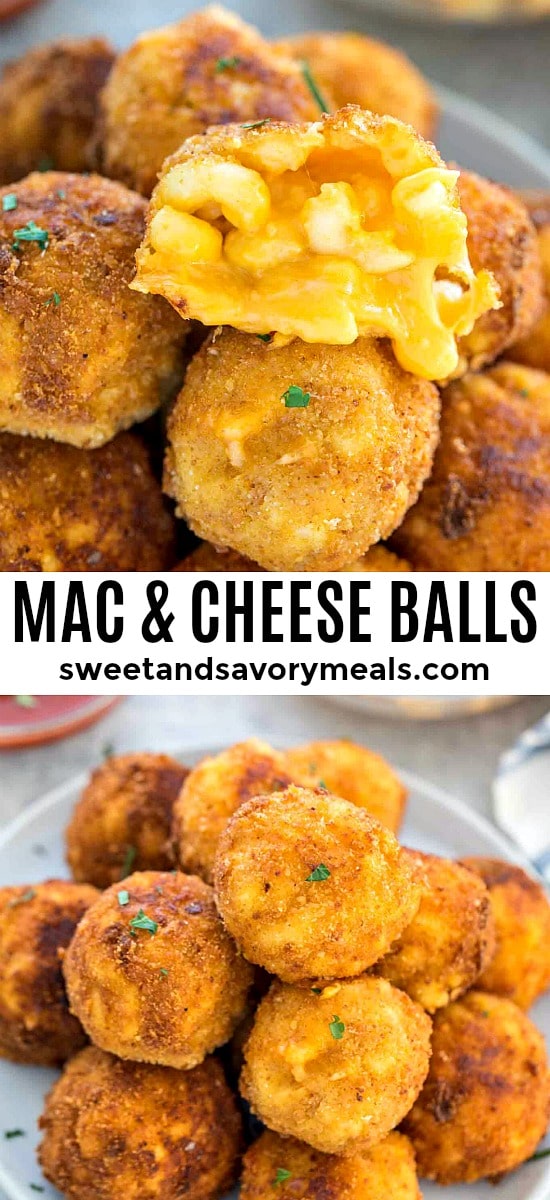 mac and cheese balls long pin with text overlay