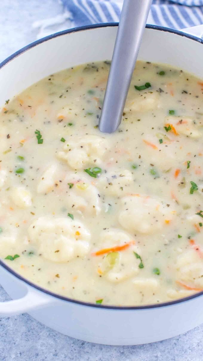 Homemade chicken and dumplings soup in a Dutch oven