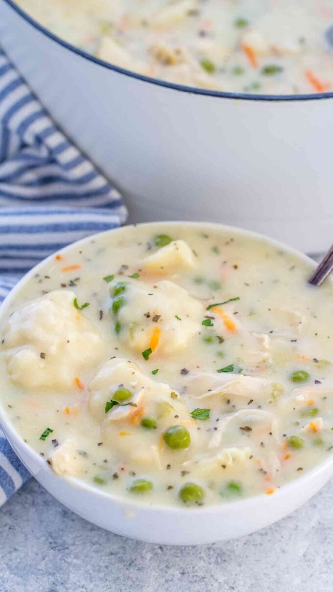 Chicken and dumplings soup in a white bowl