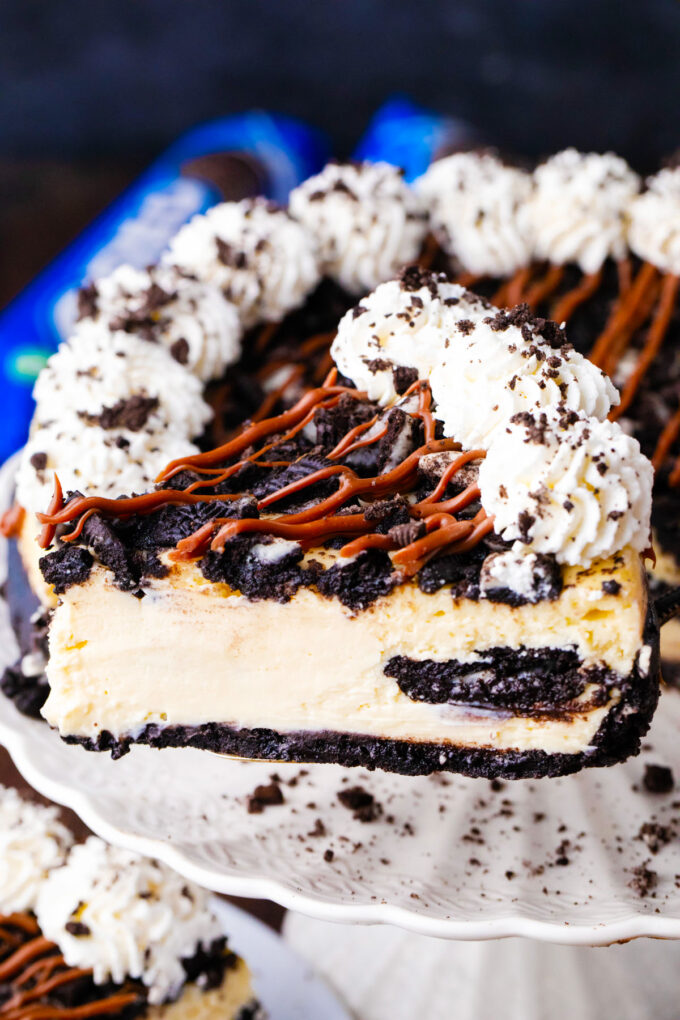 A slice of creamy Oreo cheesecake.