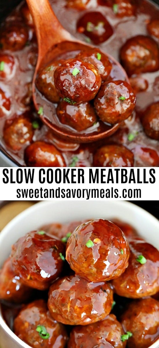 Image of slow cooker meatballs with BBQ sauce.