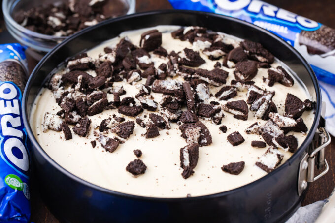 Oreo cheesecake filling with crushed Oreo cookies.