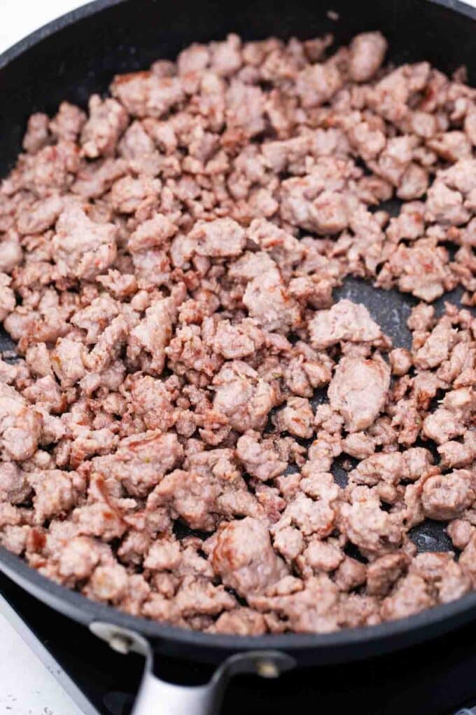 browned ground beef in a skillet