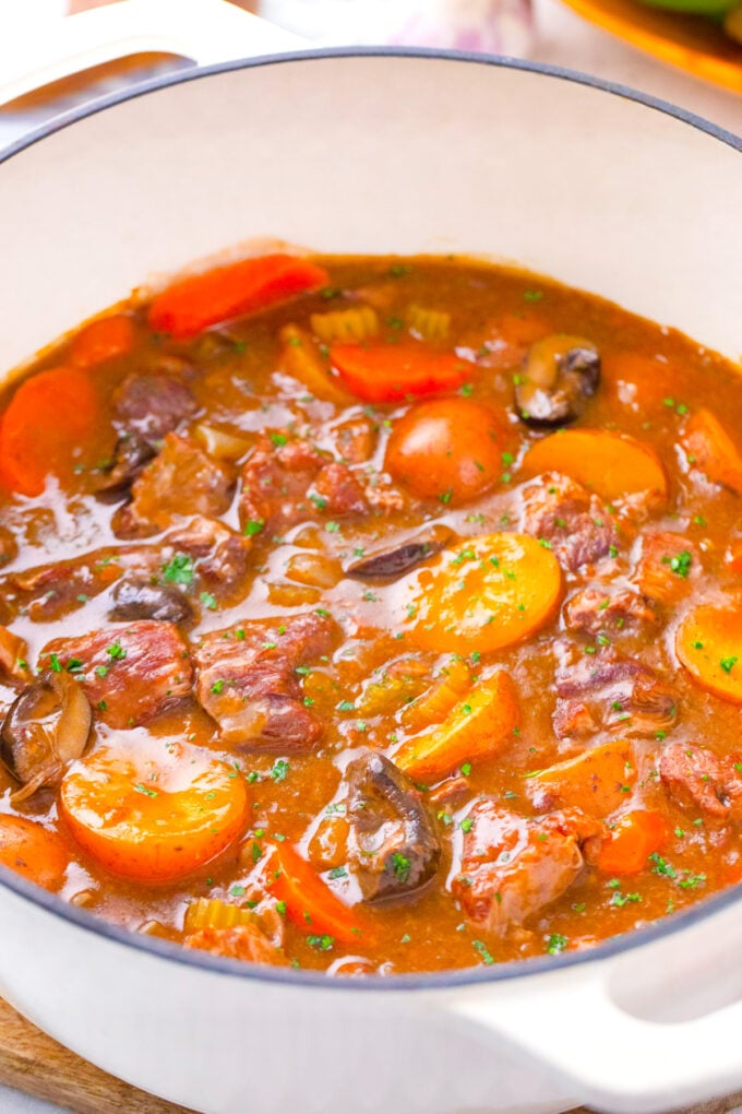 A Dutch oven with homemade beef stew.