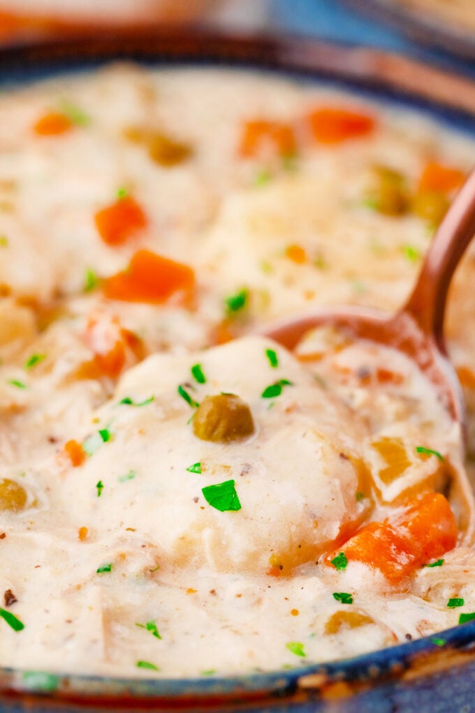 A spoonful of Instant Pot chicken and dumplings.