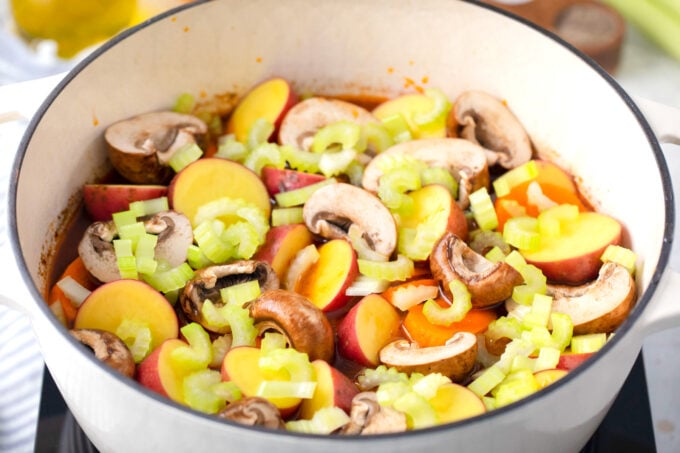 Beef stew with veggies before going into the oven,