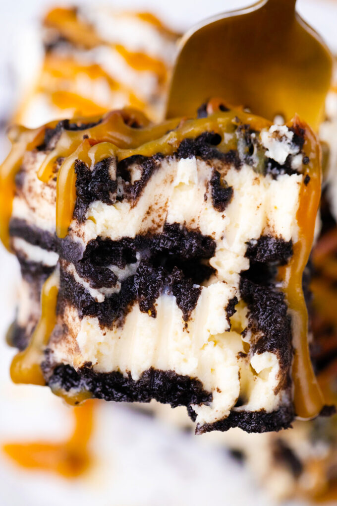 A bite of rich Oreo cheesecake.