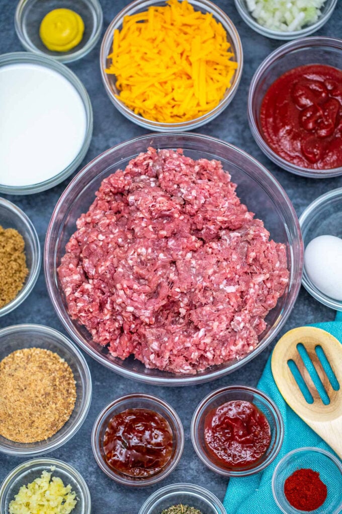 meatloaf ingredients arranged in separate bowls.