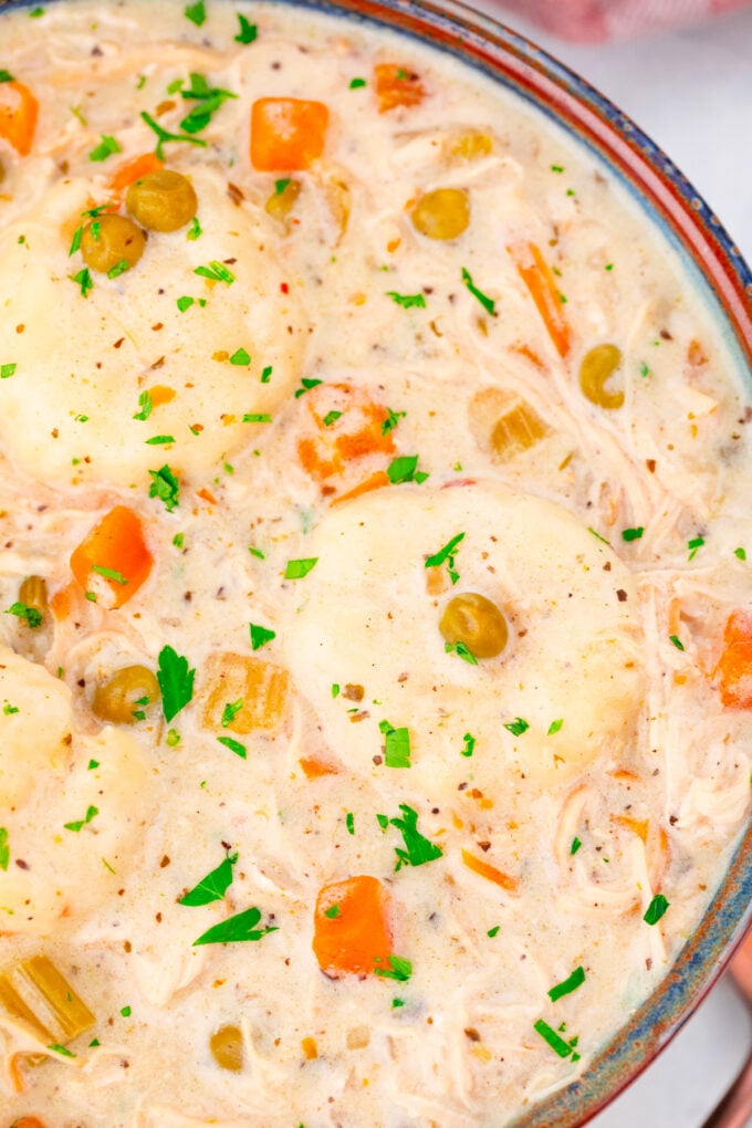 Creamy Instant Pot chicken and dumplings.