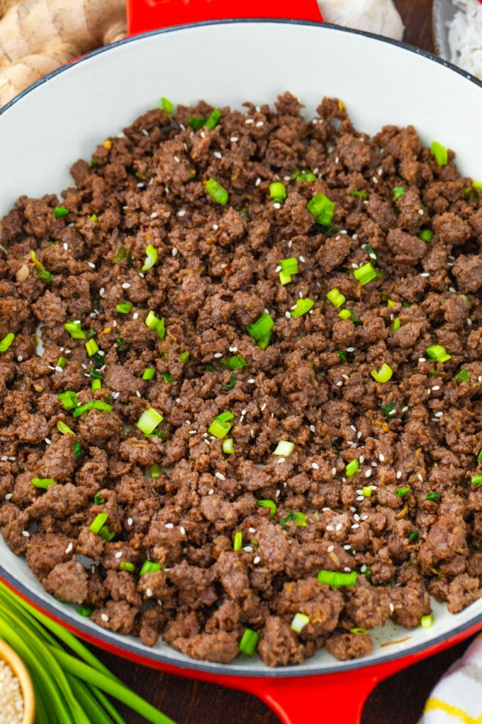 Overhead shot of Korean ground beef in a skillet.