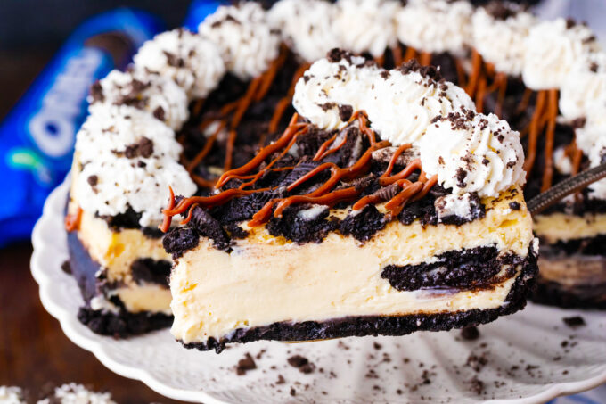 A slice of homemade Oreo cheesecake.
