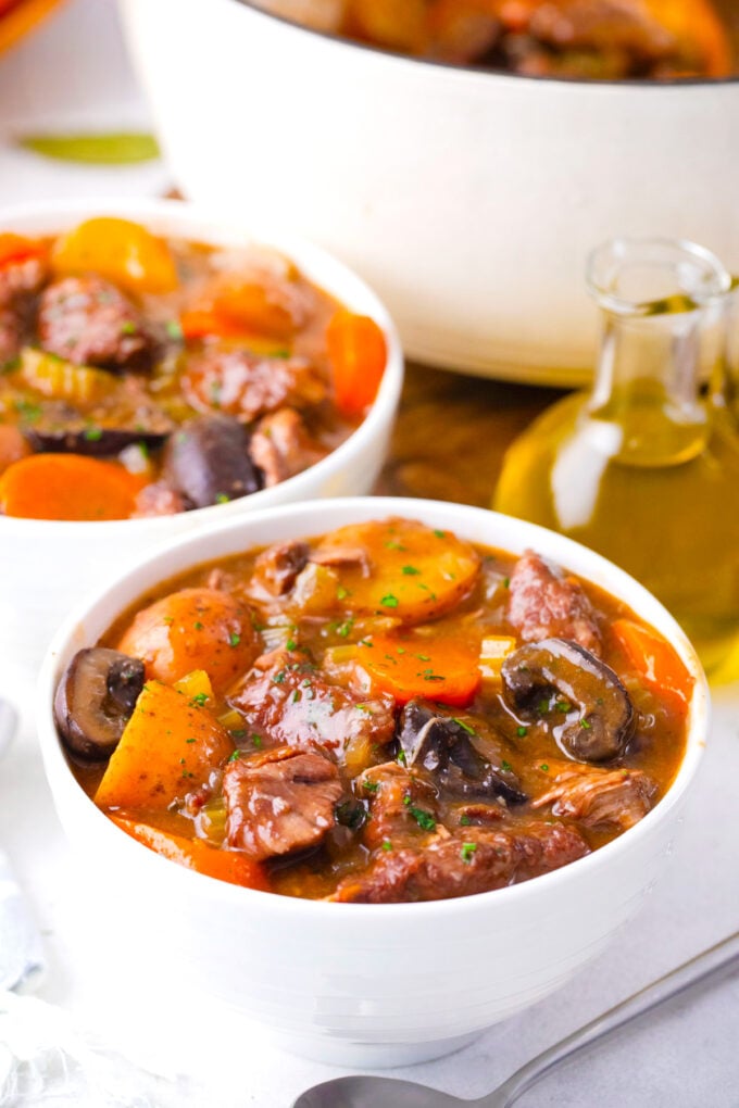 Two bowl with tender, homemade beef stew.