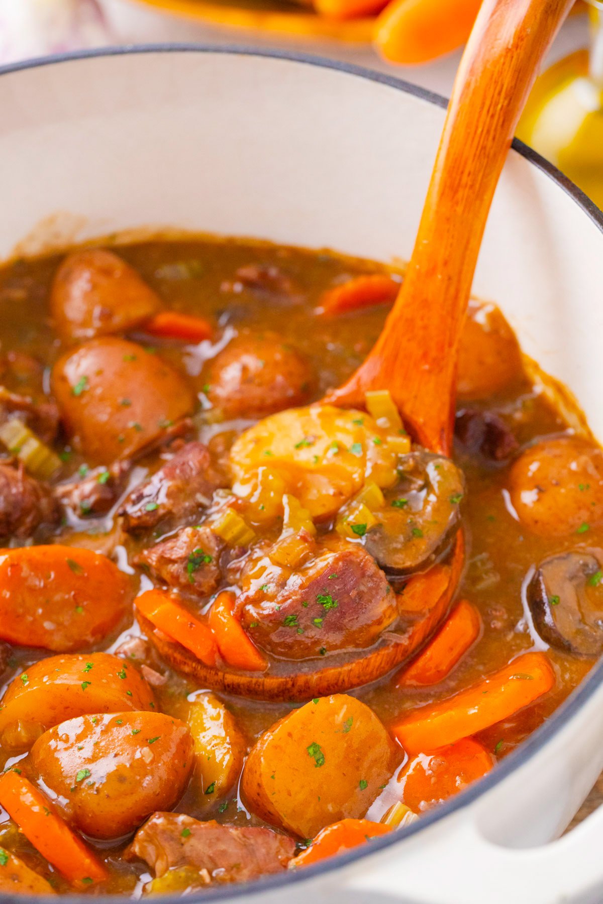 A ladle of homemade beef stew with veggies.