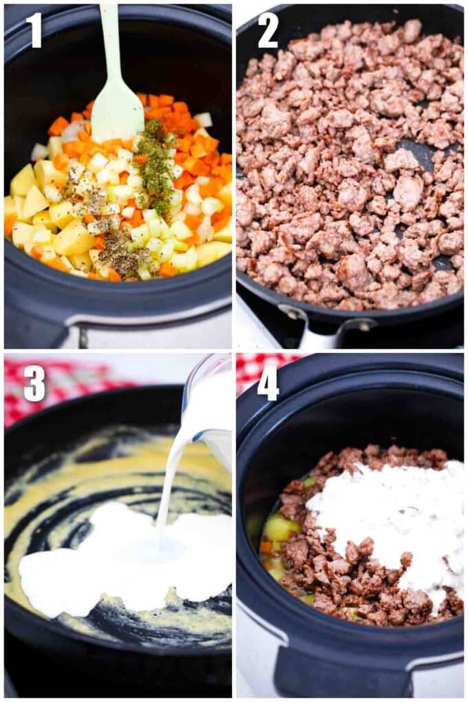 collage of four photos showing how to make slow cooker cheeseburger soup