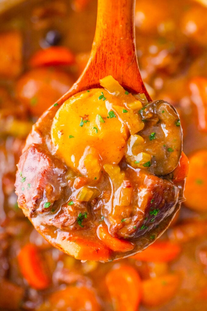 Close shot of homemade beef stew with veggies.