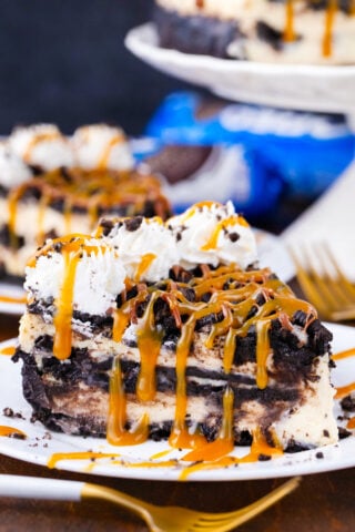 A slice of rich and decadent Oreo cheesecake.