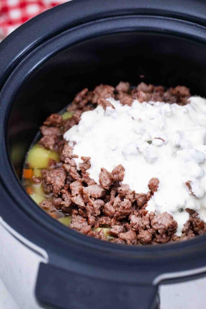 cheeseburger soup ingredients in the slow cooker