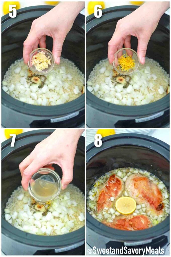 photo collage of steps steps how to make slow cooker chicken and rice
