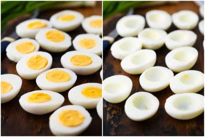 photo of eggs sliced in half with yolks and without yolks