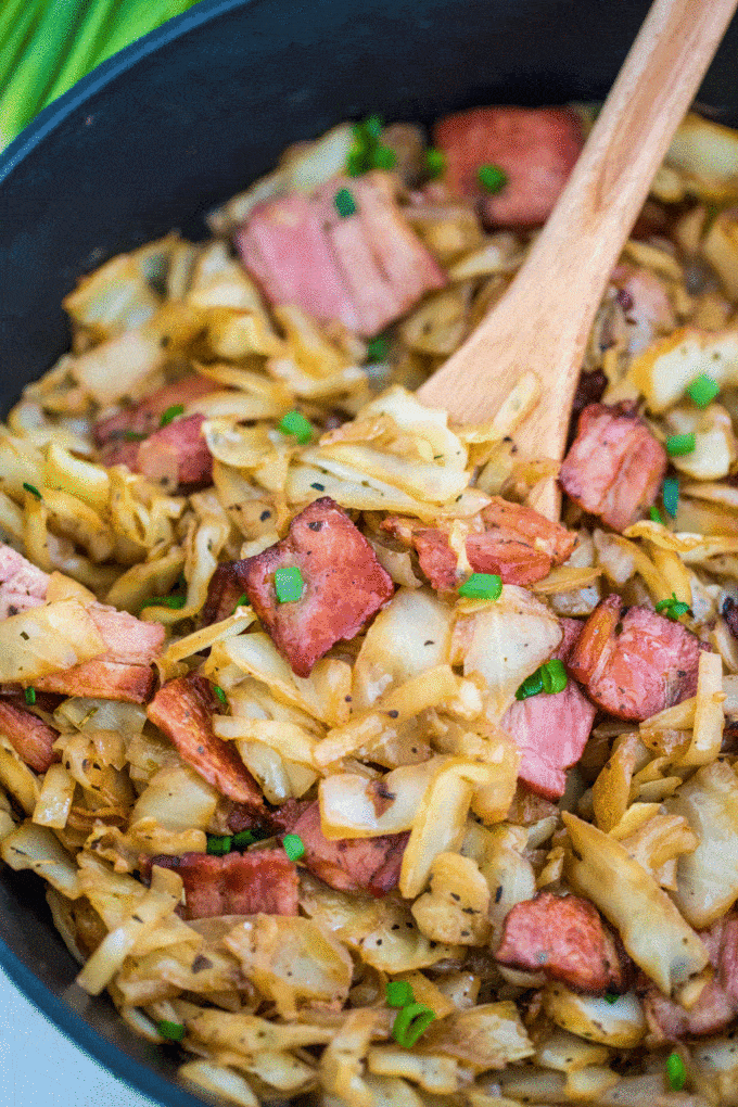 Image of one pan bacon fried cabbage.