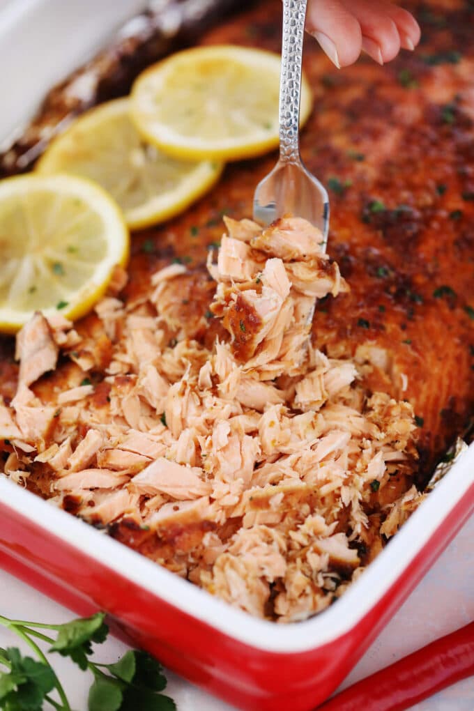 Photo of baked salmon glazed with brown sugar and garlic. 