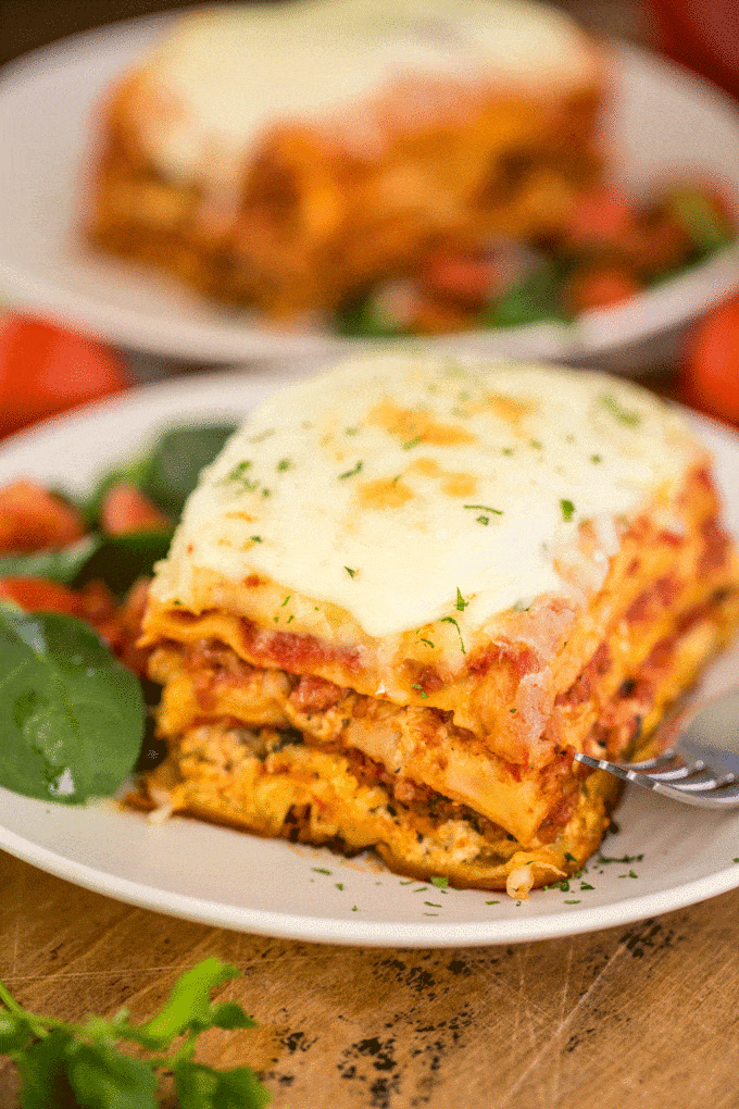 Lasagna made with tomato sauce and parmesan cheese on a white plate