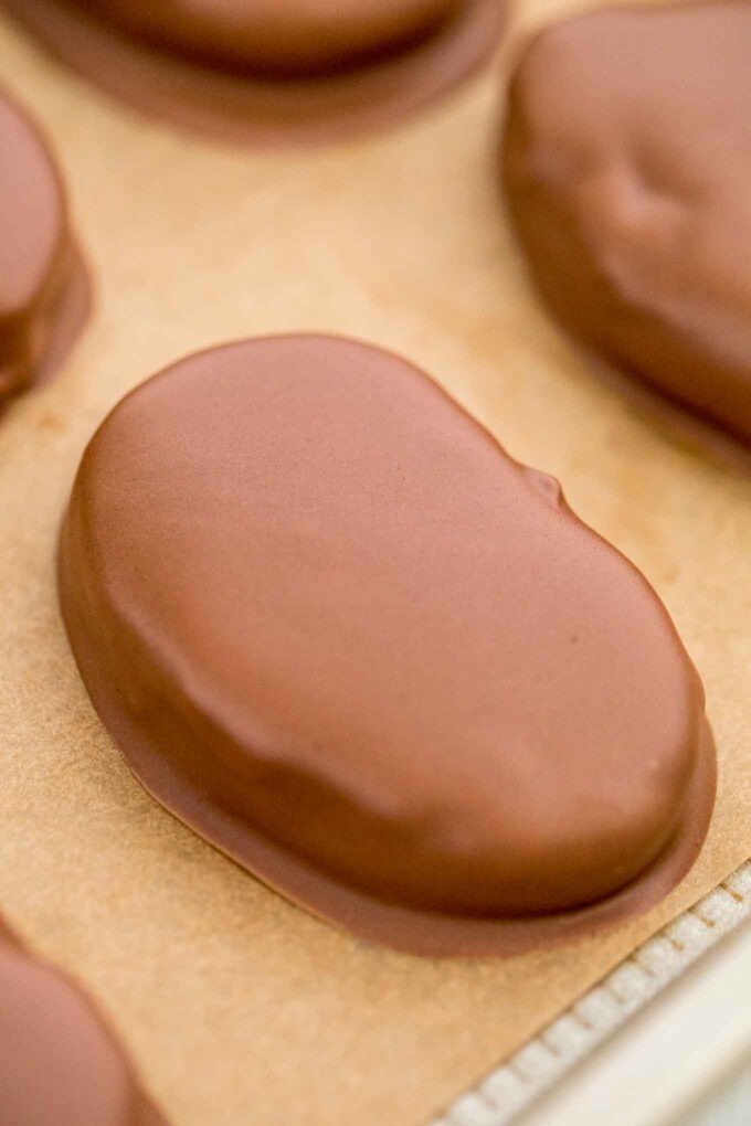 Photo of peanut butter eggs covered in chocolate. 