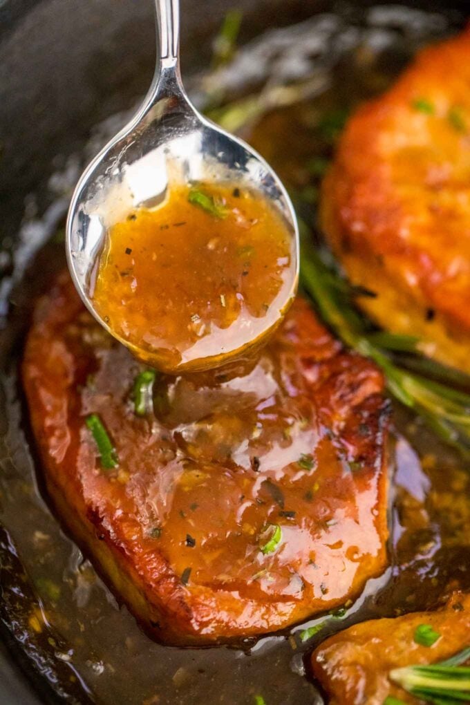 Picture of pork chops in honey garlic sauce.