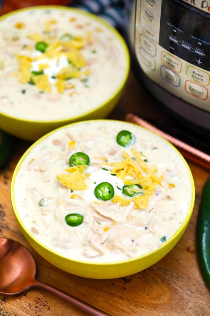 Image of instant pot white chicken chili in a bowl. 