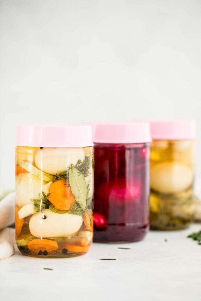 Pickled eggs in a jar three ways