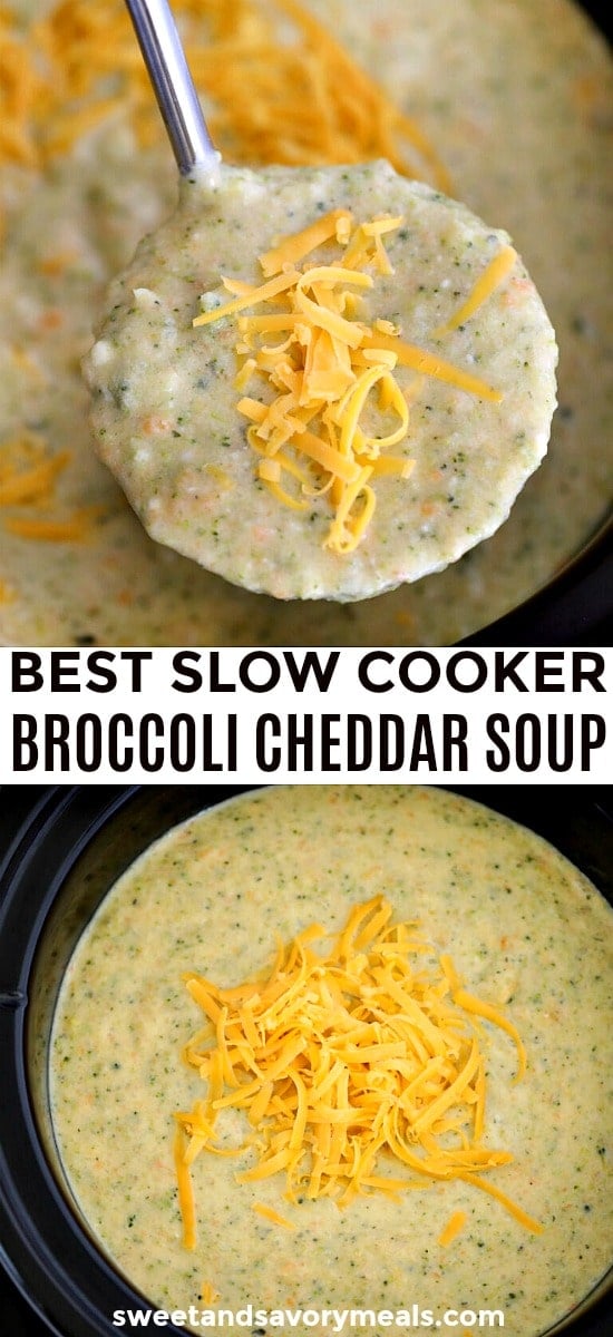 Homemade creamy broccoli cheddar soup made in the crockpot.